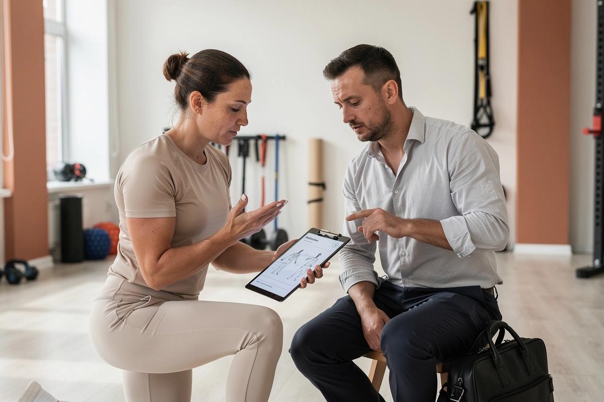 Trainer and client reviewing movement during a consultation in a Kyiv studio.