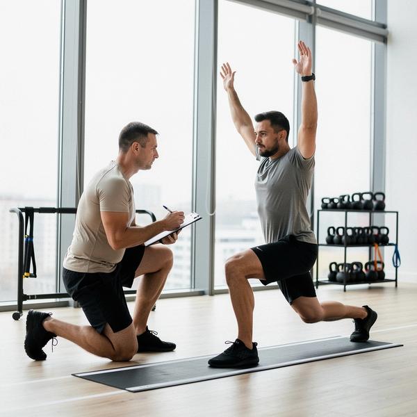 Personal trainer reviewing a movement screen with a client in a bright Kyiv studio