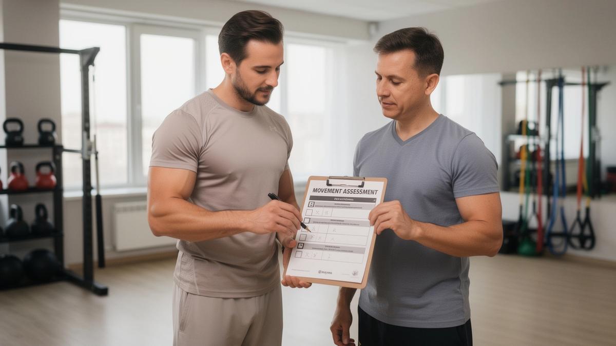 Trainer reviewing movement screen notes with a client at Momentum Studio