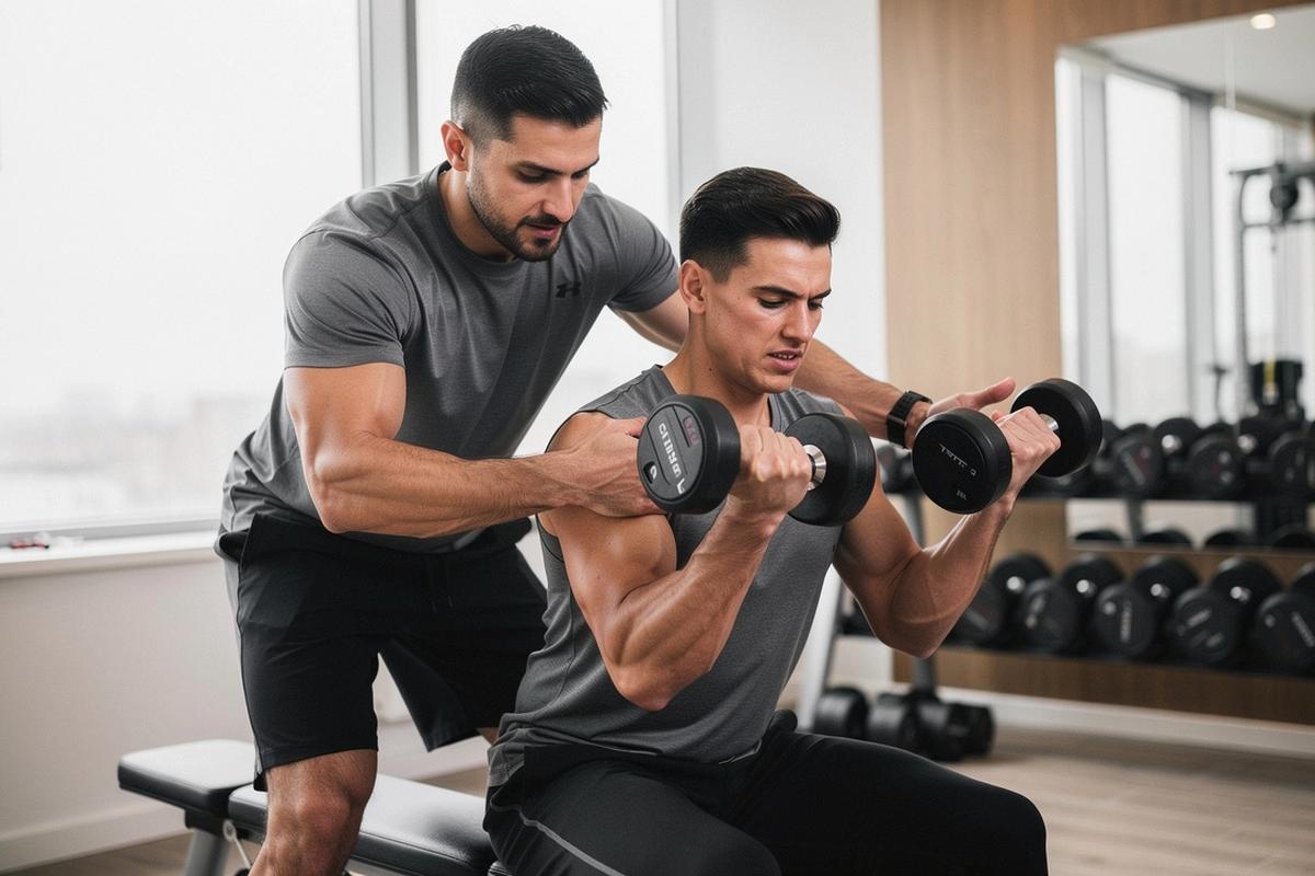 Coach guiding a client through a strength exercise in a private Kyiv training studio